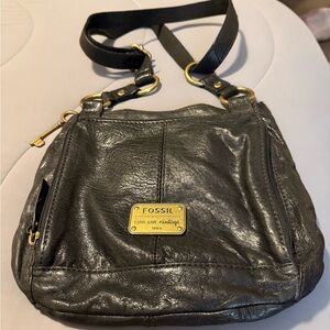 Fossil Dark Brown Leather Crossbody Bag with Gold Accents